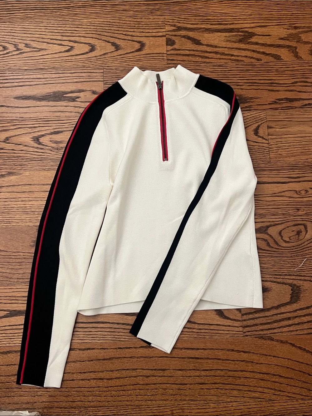 Banana Republic Cream Zip-Up Sweater with Black & Red Stripes
